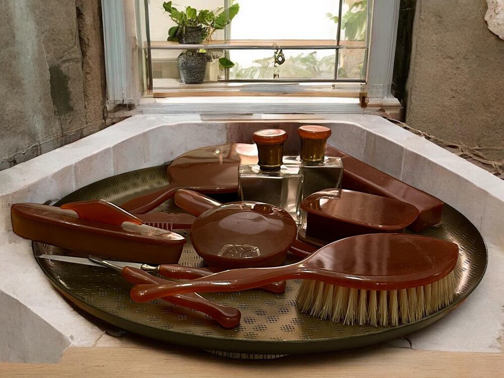 Signed Agalin Bakelite Yrvl Vanity Set /Rare Antique 1920s Art Deco Grooming Kit